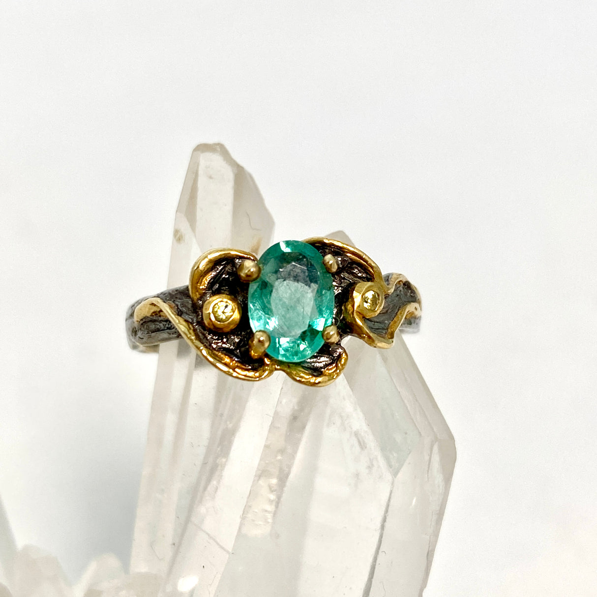 Emerald 925 silver with 18ct gold plate ring Size 8 GRA-01