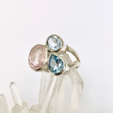 Morganite and Blue Topaz Multi-stone Faceted Ring Size 7.5 PRGJ619