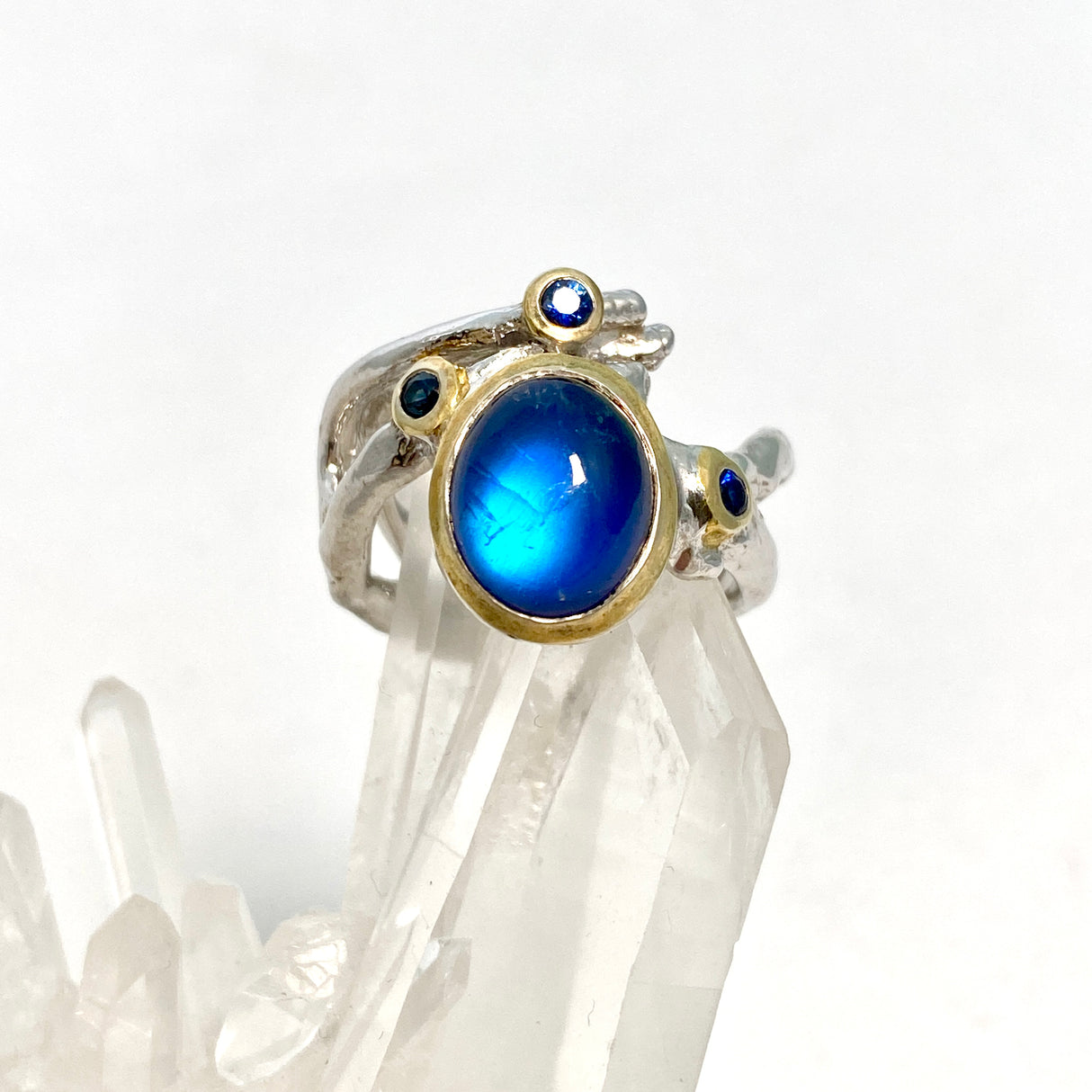Spectrolite & Sapphire with 18ct Gold plate ring Size 7.5 GRA730