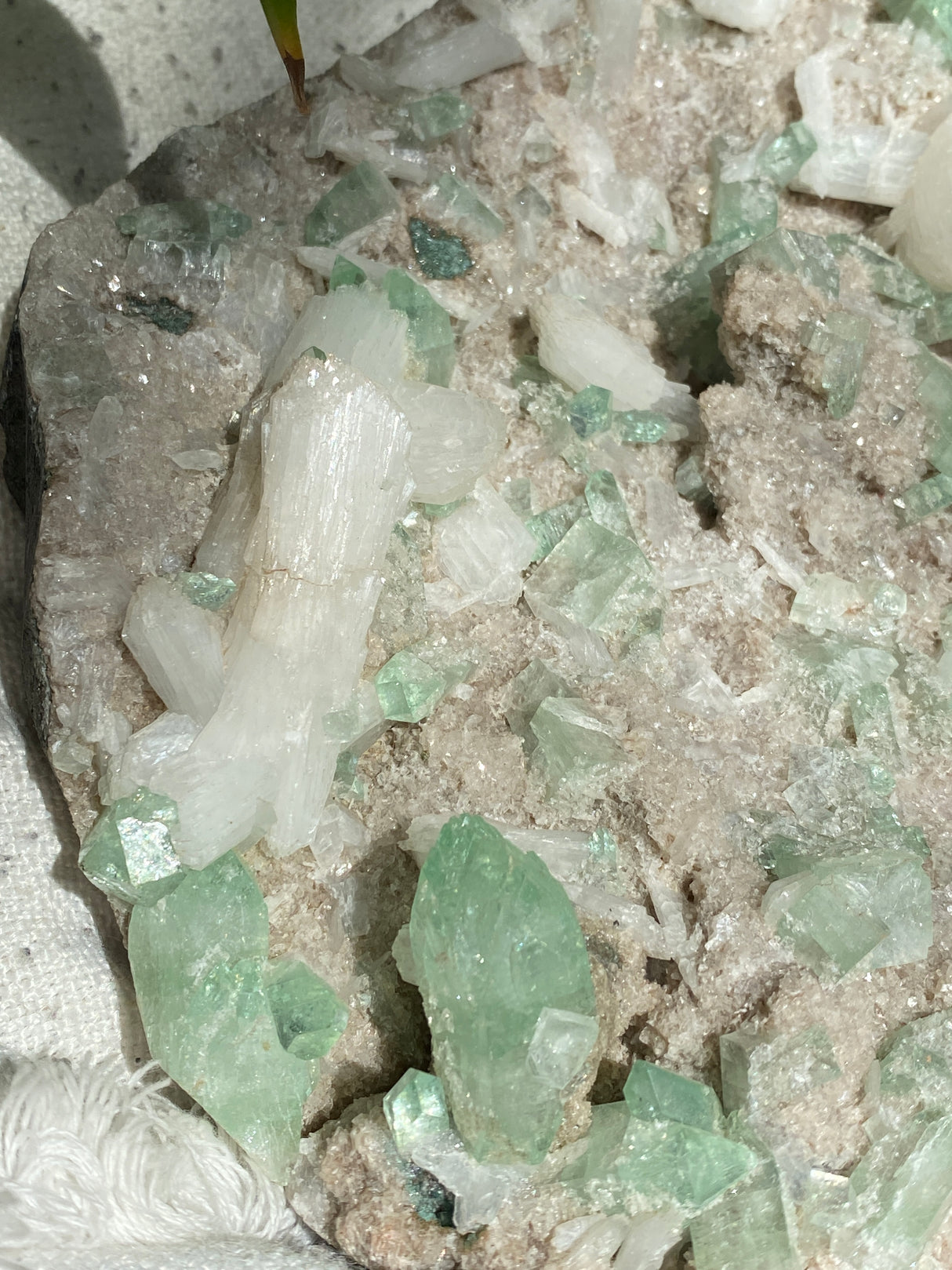 Green Apophyllite crystals and white stilbite on matrix of heulandite