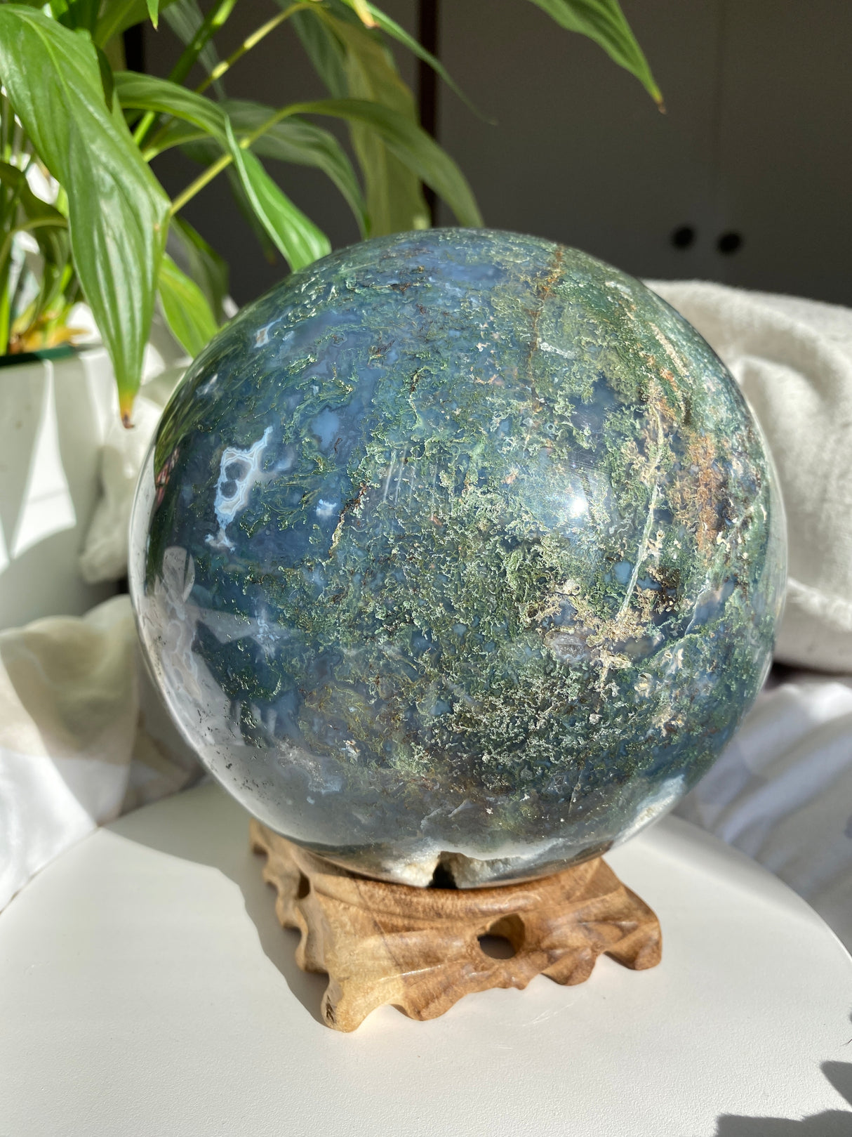 Collector's Moss Agate Druzy Sphere with Natural Crystal Cavities 5kg MOSB-01