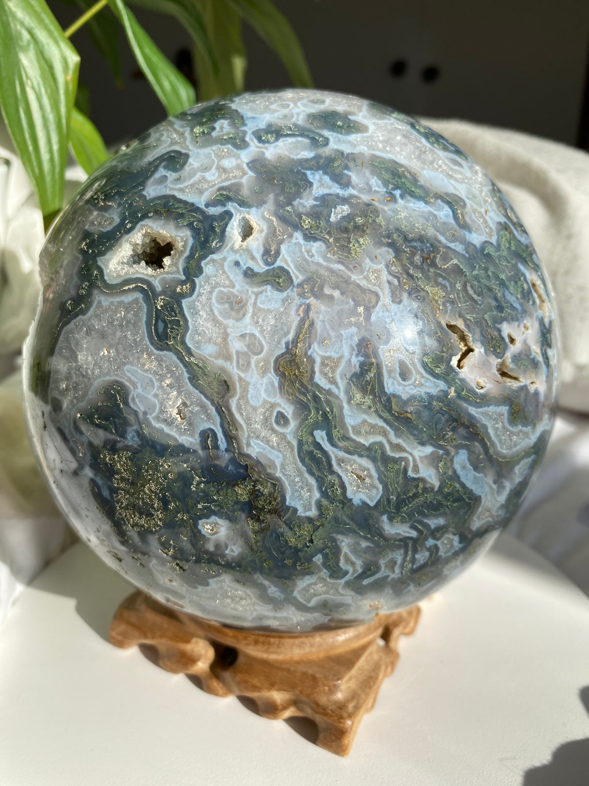 Collector's Moss Agate Druzy Sphere with Natural Crystal Cavities 5kg MOSB-01