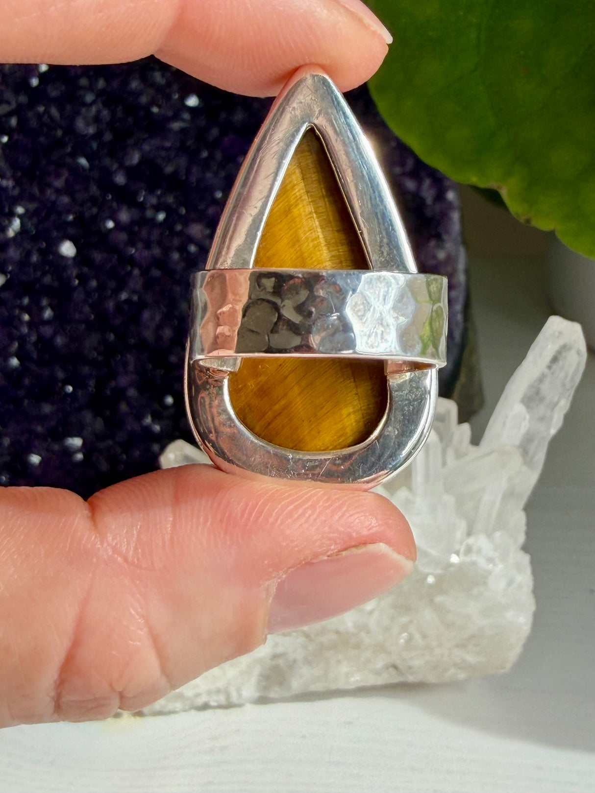 Golden Tiger's Eye Hammered Band Sterling Silver Ring Size 7 KRGJ3123