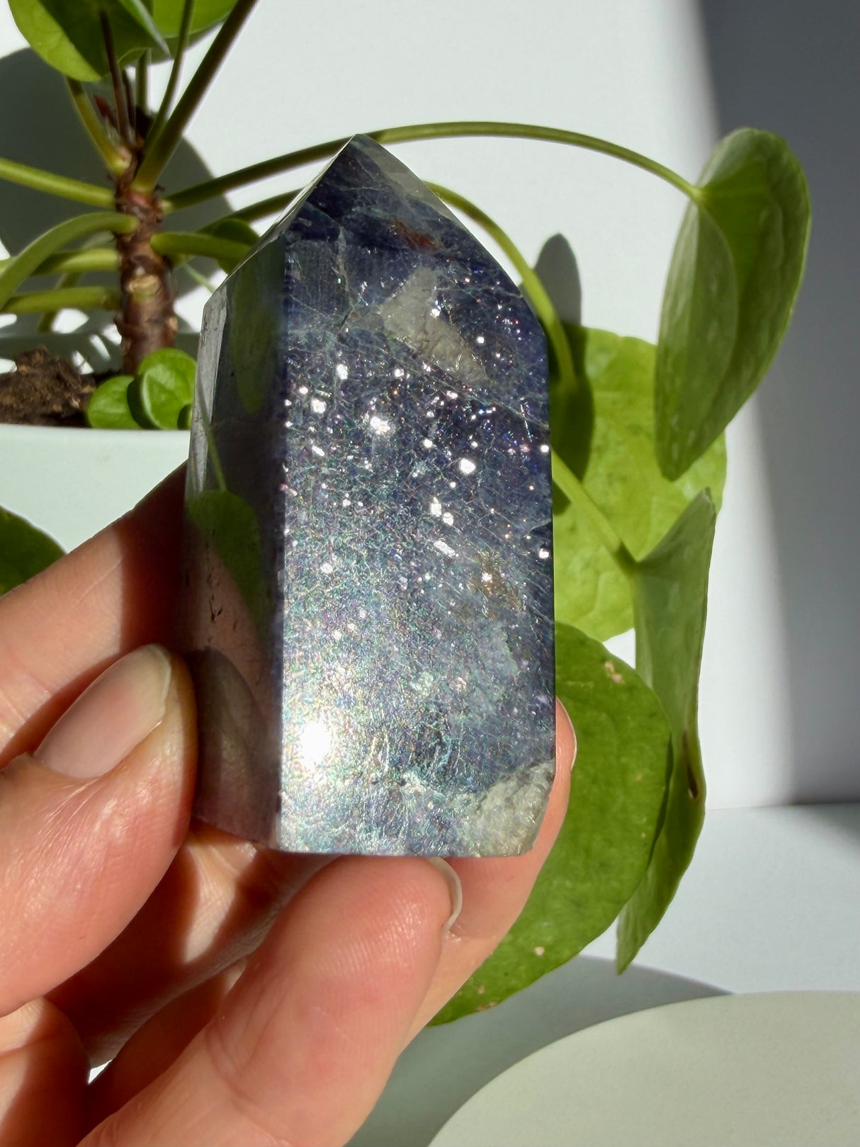 Sunstone in iolite crystal point covered in fine, star-like silver sparkle across a deep violet-grey body
