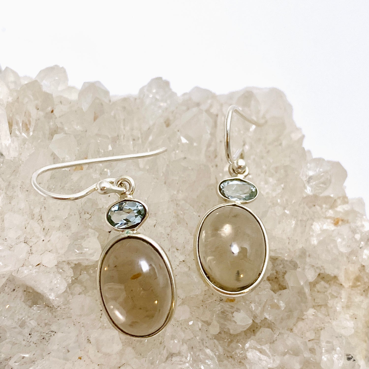 Smokey Quartz Oval Cabochon with Blue Topaz Earrings KEGJ1551