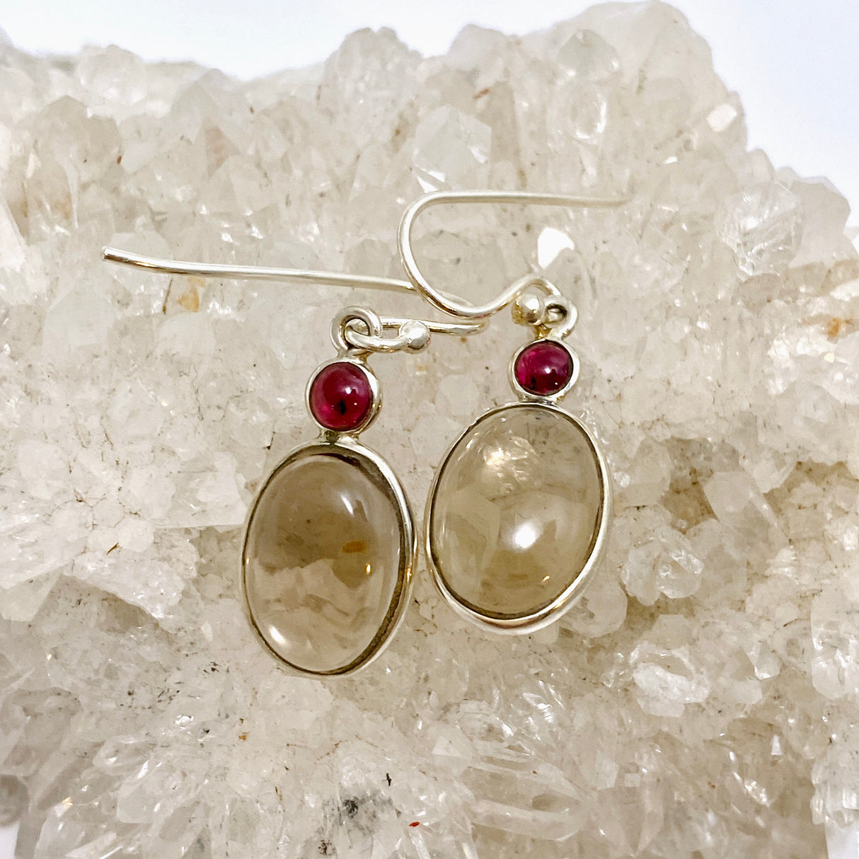 Smokey Quartz Oval Cabochon with Garnet Earrings KEGJ1549