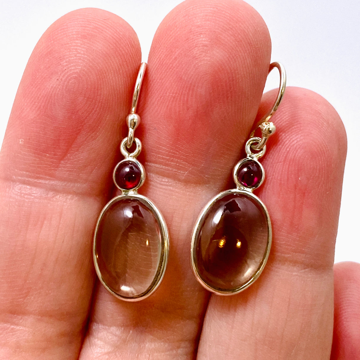 Smokey Quartz Oval Cabochon with Garnet Earrings KEGJ1549