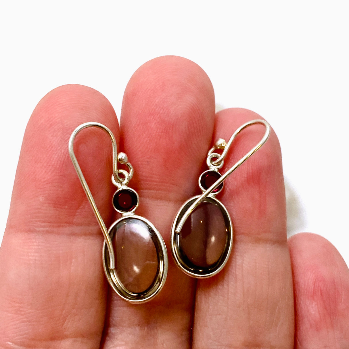 Smokey Quartz Oval Cabochon with Garnet Earrings KEGJ1549
