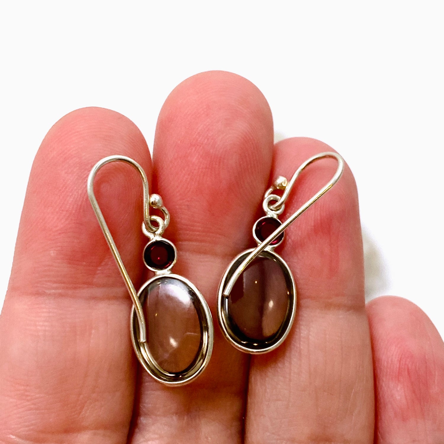 Smokey Quartz Oval Cabochon with Garnet Earrings KEGJ1549