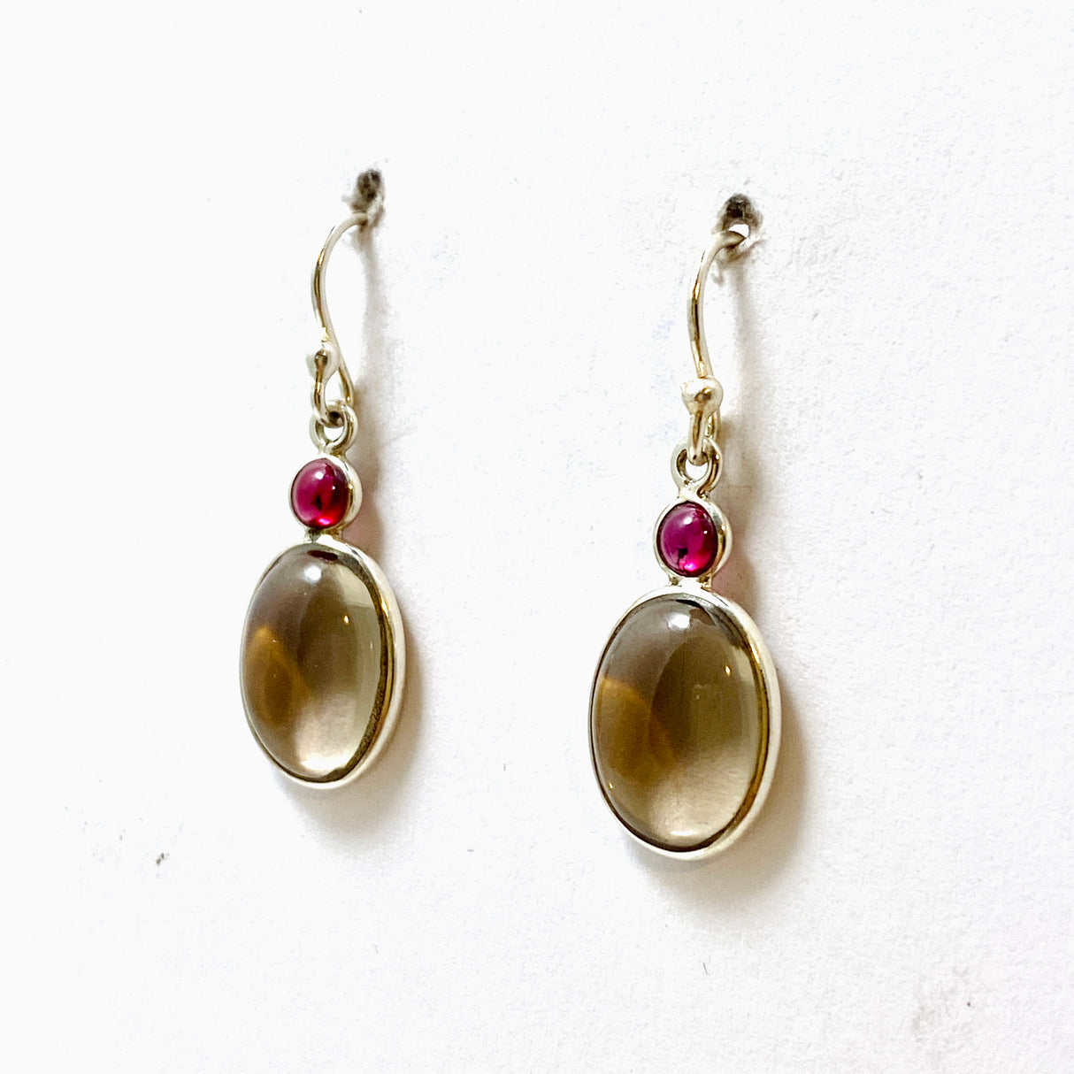 Smokey Quartz Oval Cabochon with Garnet Earrings KEGJ1549