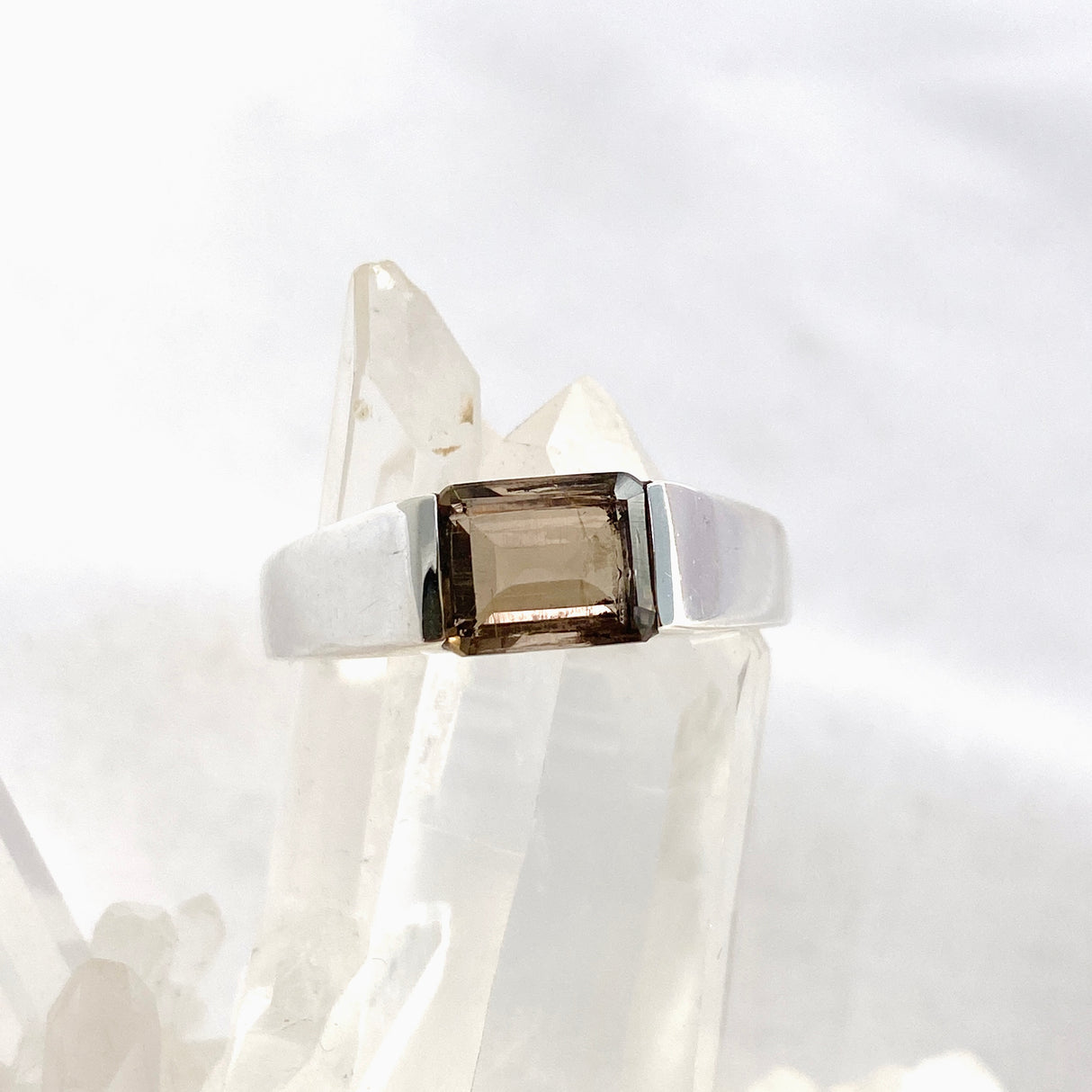 Smokey Quartz Rectangular Faceted Ring Size 13 PRGJ610