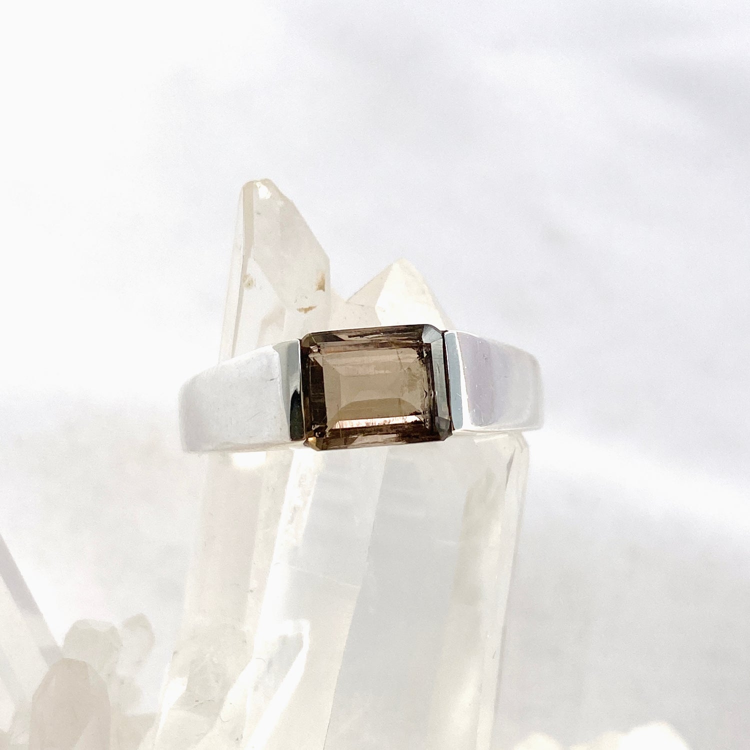 Smokey Quartz Rectangular Faceted Ring Size 13 PRGJ610