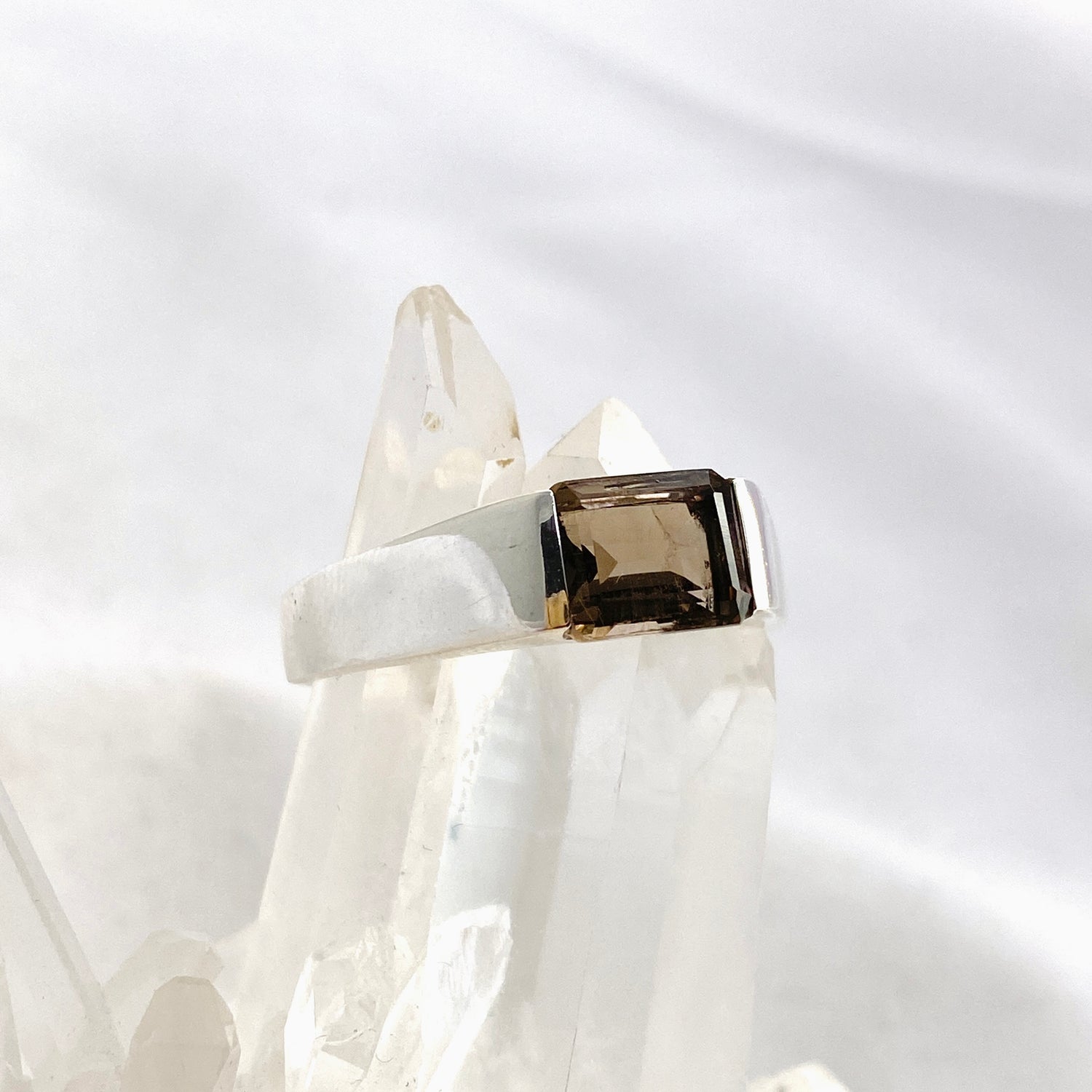 Smokey Quartz Rectangular Faceted Ring Size 13 PRGJ610