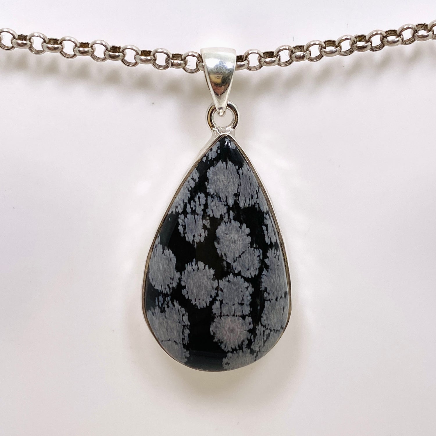 Snowflake Obsidian Teardrop Cabochon Pendant in a Hammered Setting KPGJ4774