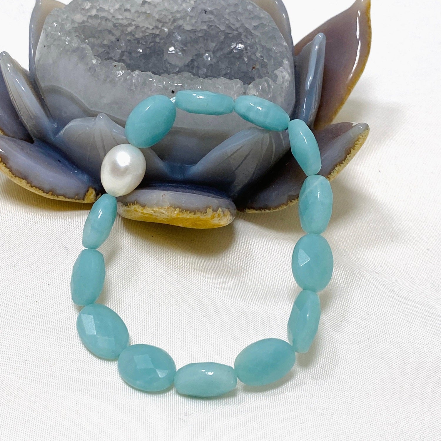 Amazonite Faceted Bead and Pearl Gemstone Bracelet GB-EP-AMZ-01 - Nature's Magick