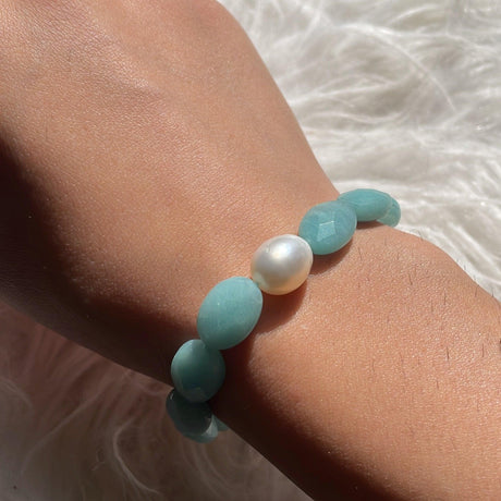 Amazonite Faceted Bead and Pearl Gemstone Bracelet GB-EP-AMZ-01 - Nature's Magick