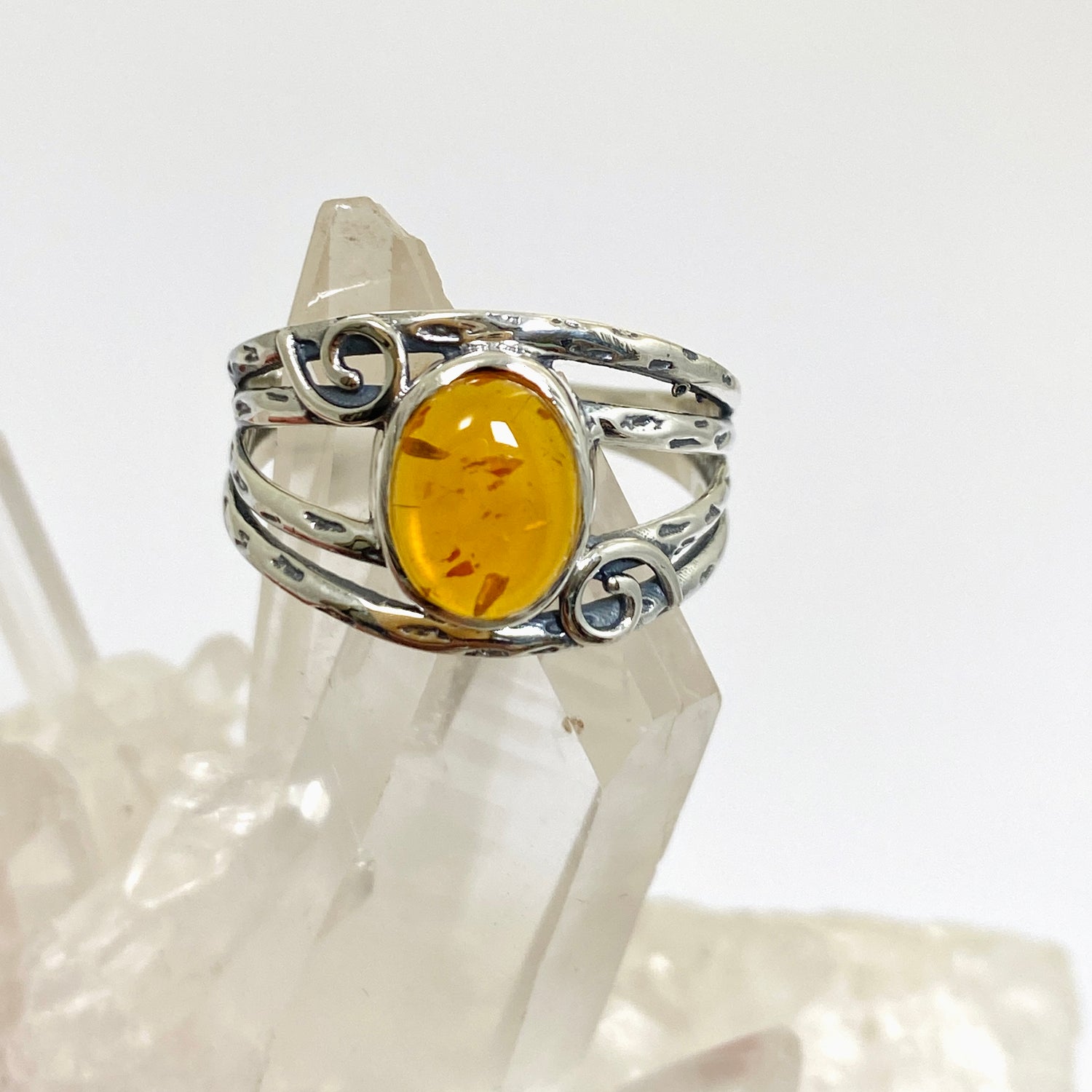 Amber Oval Cabochon Ring in a Decorative Setting R4025