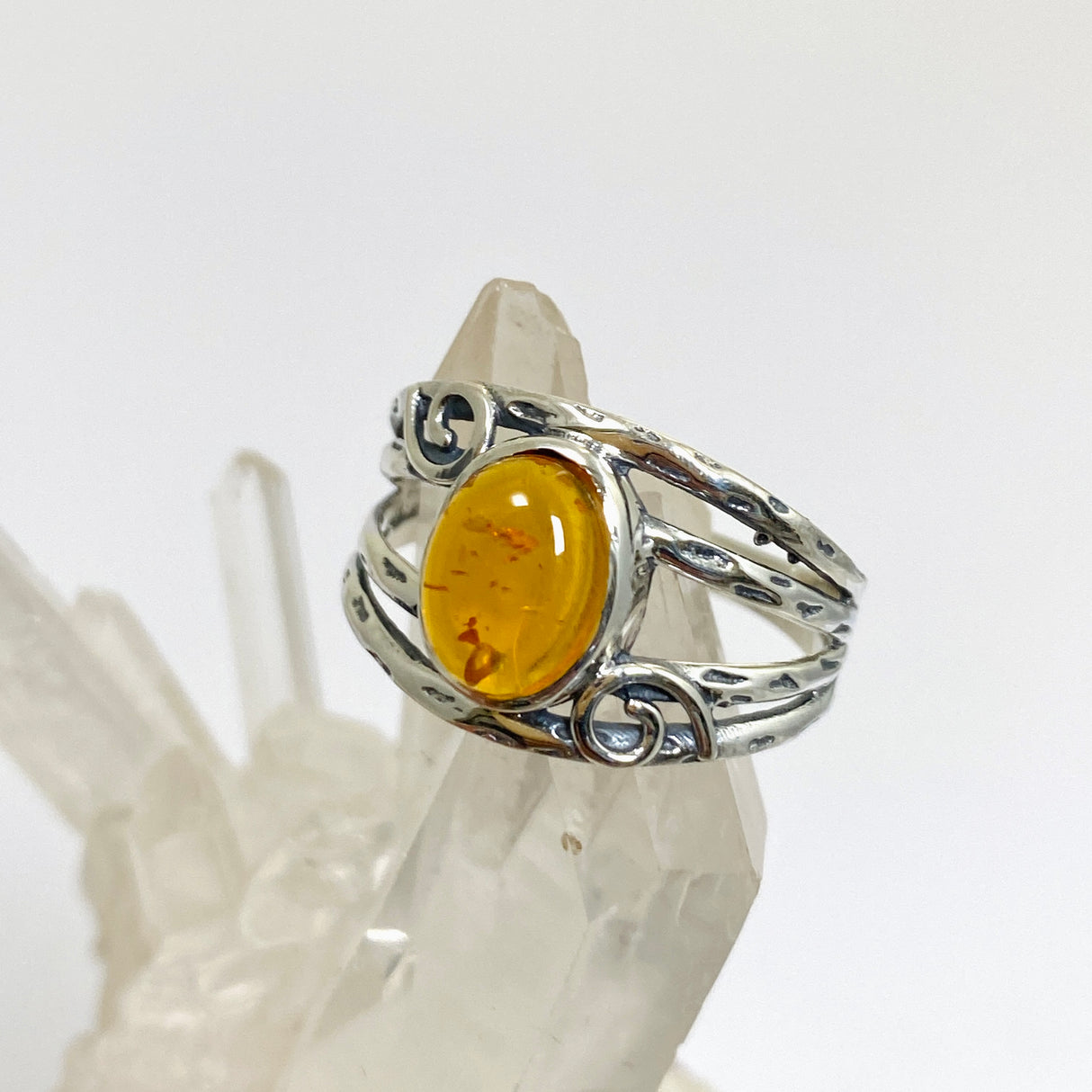 Amber Oval Cabochon Ring in a Decorative Setting R4025