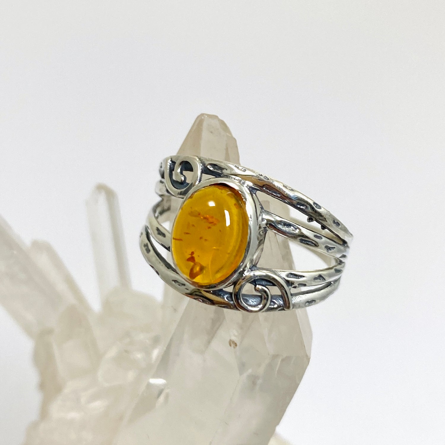 Amber Oval Cabochon Ring in a Decorative Setting R4025