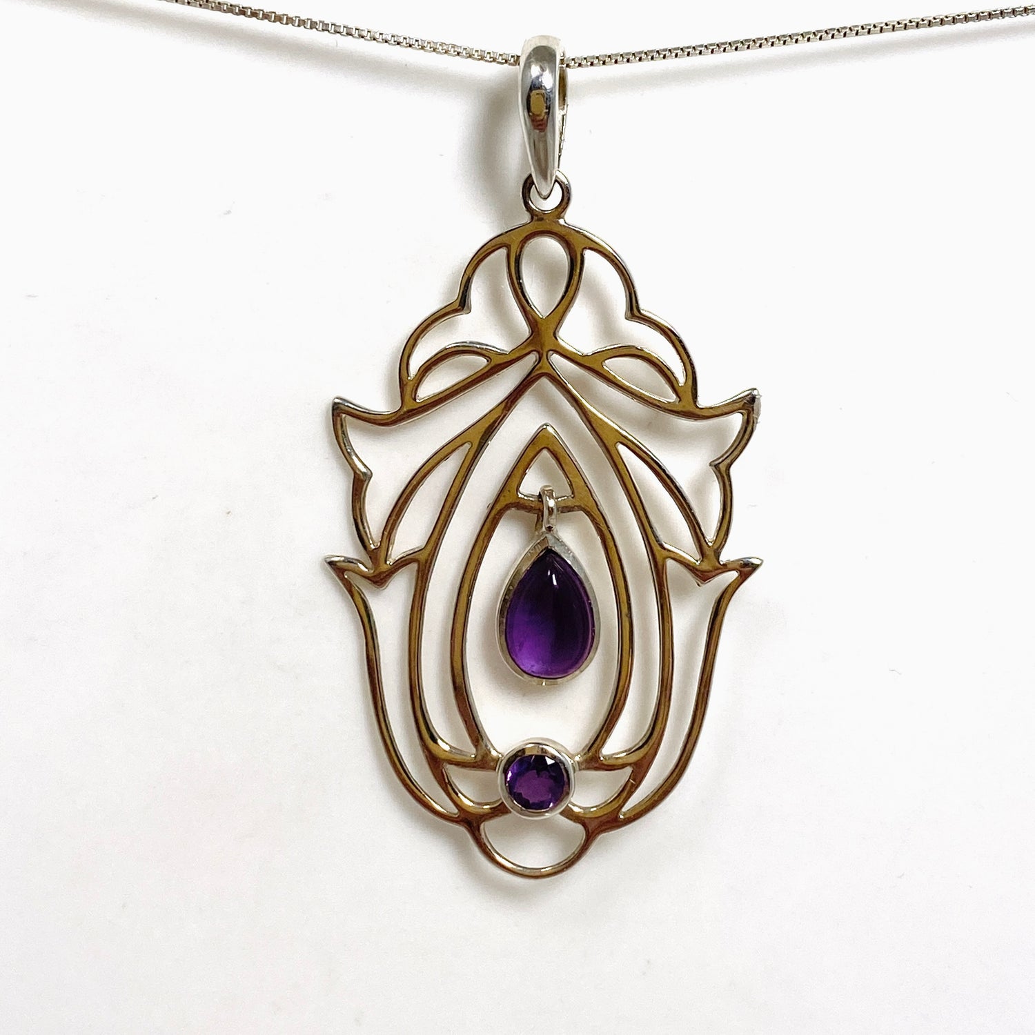 Amethyst Teardrop Cabochon Pendant in a Decorative Setting PPGJ1289