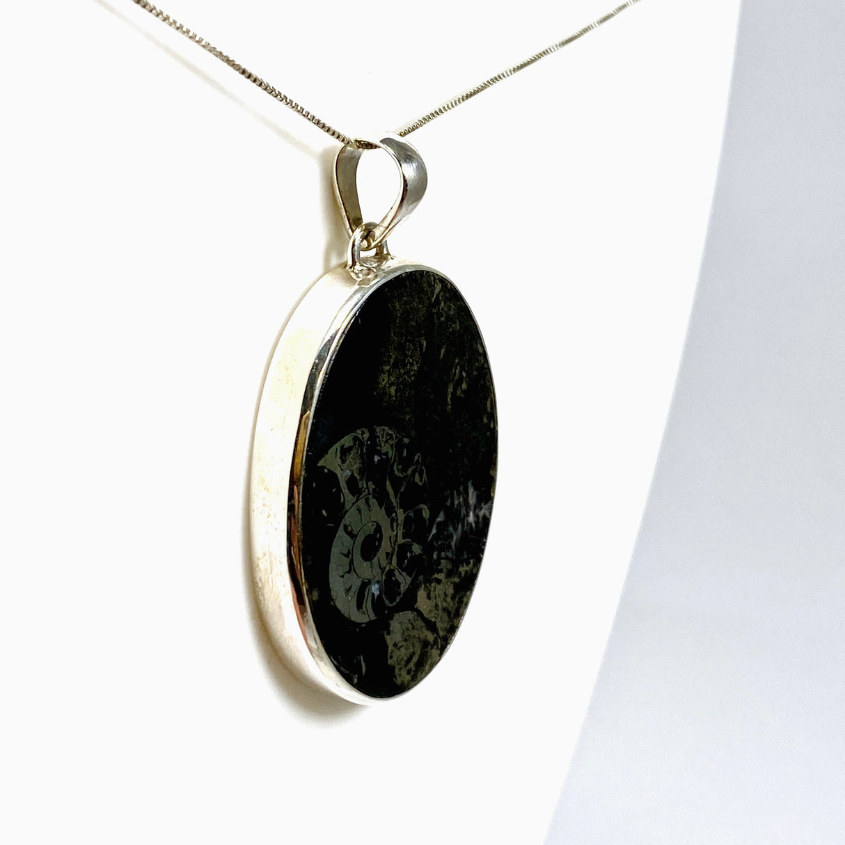 Ammonite Fossilised Shell with Pyrite Oval Cabochon Pendant PPGJ1324