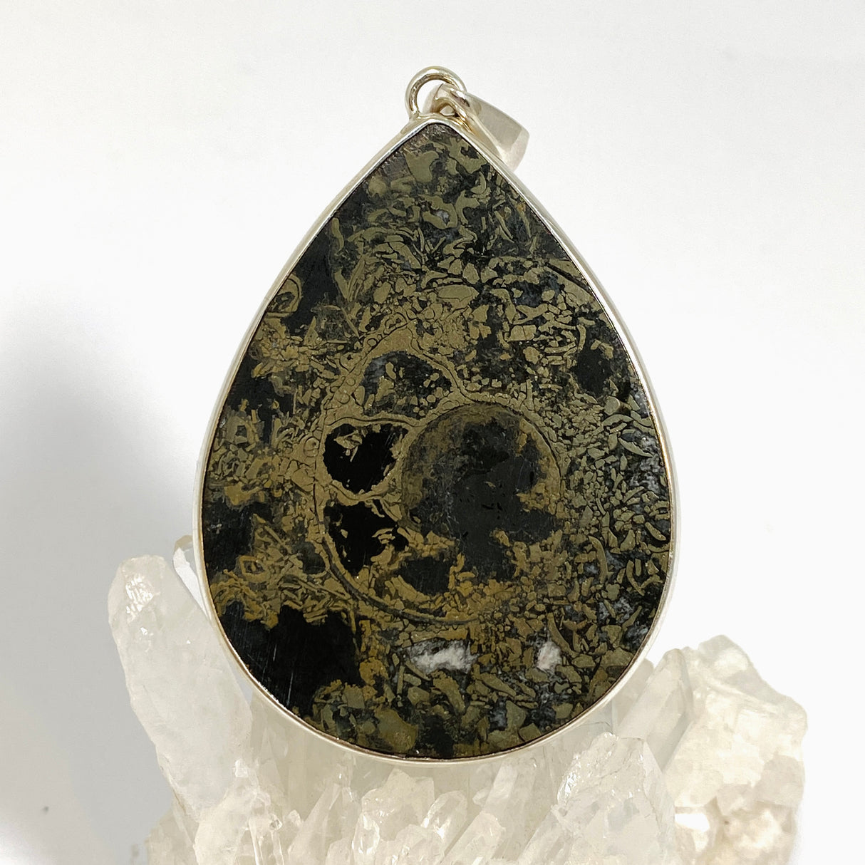 Ammonite Fossilised Shell with Pyrite Teardrop Cabochon Pendant PPGJ1323