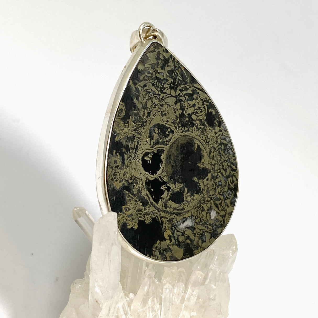 Ammonite Fossilised Shell with Pyrite Teardrop Cabochon Pendant PPGJ1323