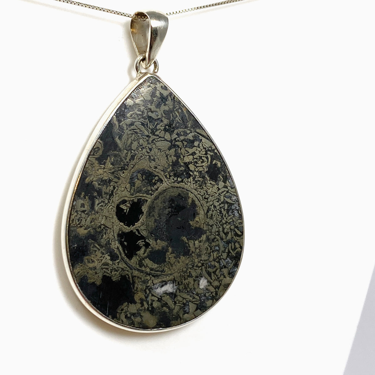 Ammonite Fossilised Shell with Pyrite Teardrop Cabochon Pendant PPGJ1323