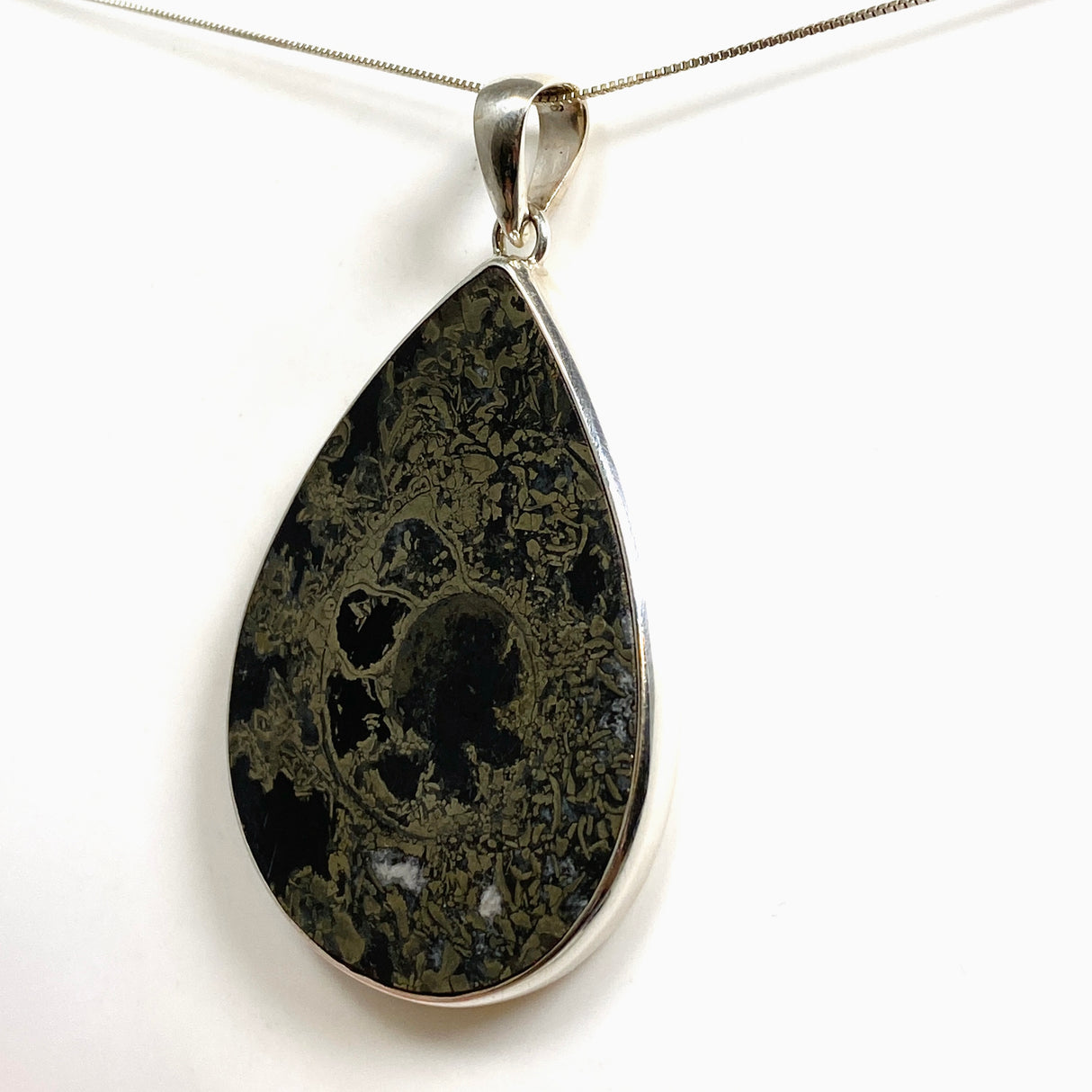 Ammonite Fossilised Shell with Pyrite Teardrop Cabochon Pendant PPGJ1323