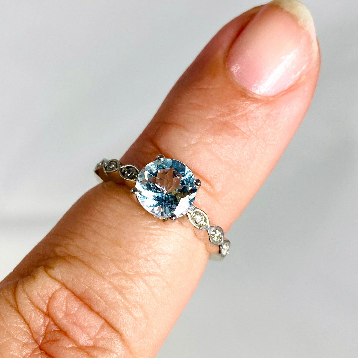 Aquamarine Oval Faceted ring with CZ s.6 HRGJ-42 - Nature's Magick