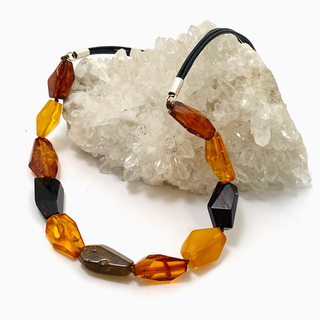 Baltic Amber Mixed beaded necklace on black leather AMB306