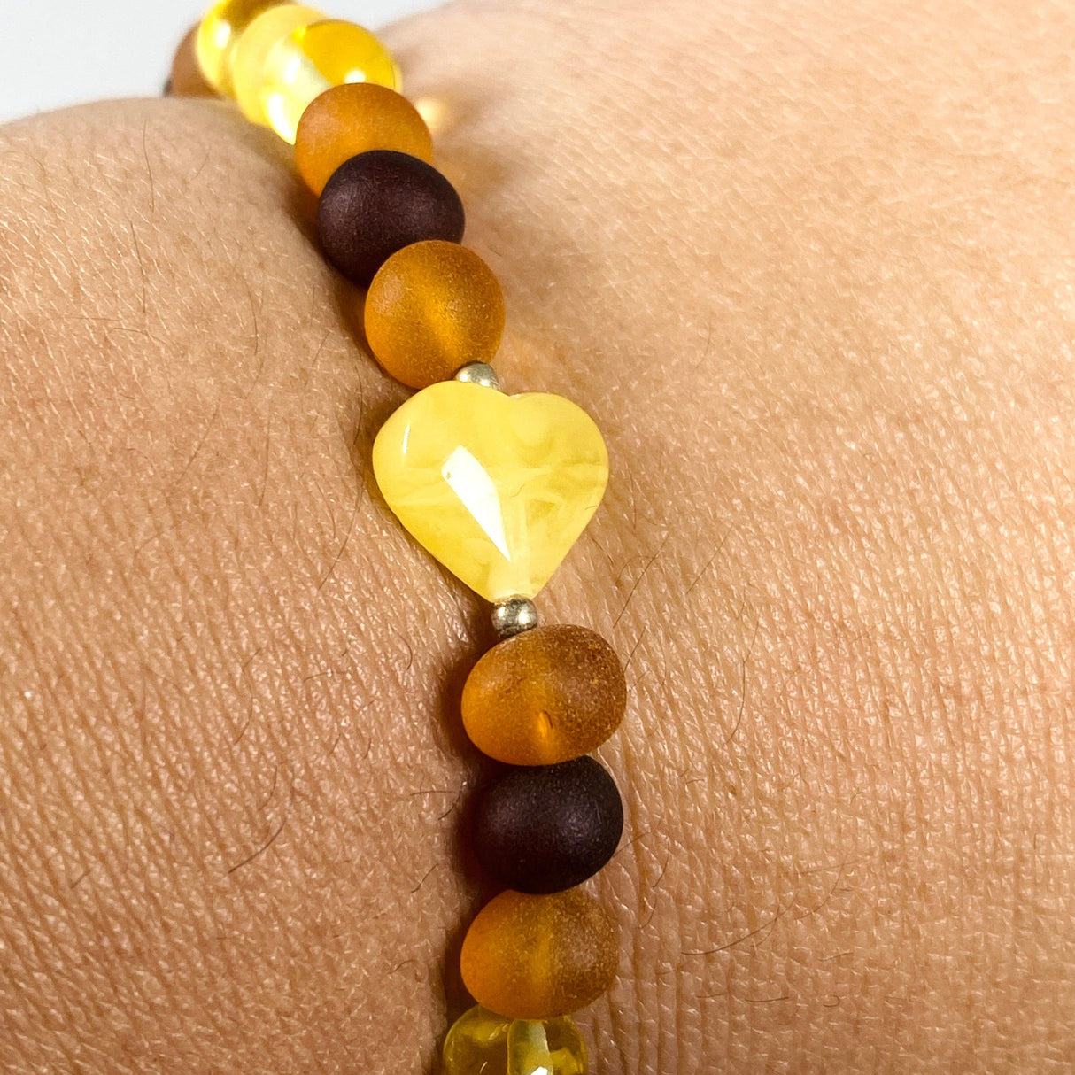 Baltic Amber multi stone 4mm beaded bracelet with heart AMB189 - Nature's Magick