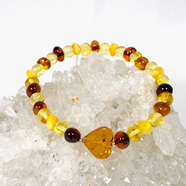 Baltic Amber multi stone 4mm beaded bracelet with heart AMB190 - Nature's Magick