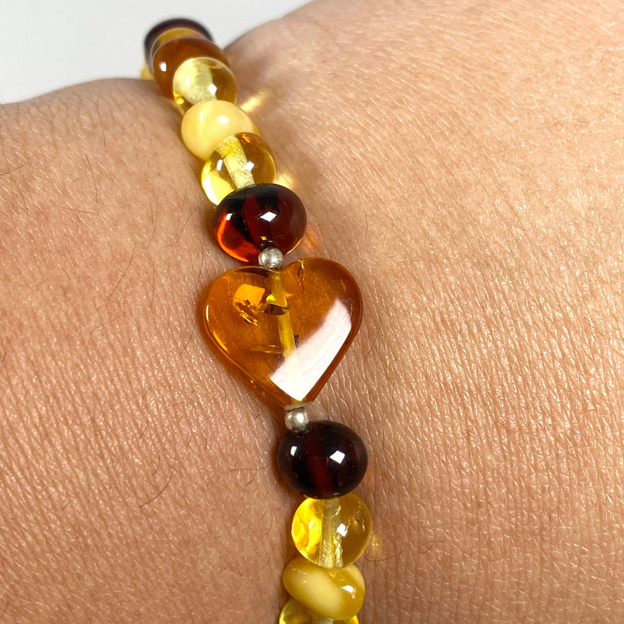 Baltic Amber multi stone 4mm beaded bracelet with heart AMB190 - Nature's Magick