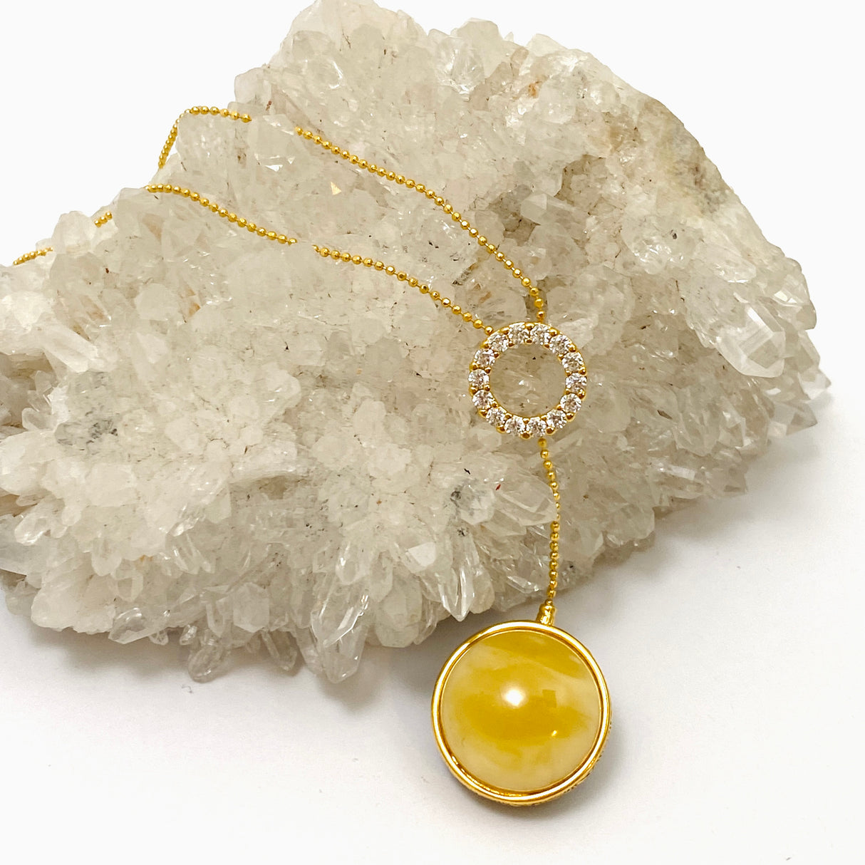 Baltic Amber Round Double Sided 18K Gold Plated Necklace with CZ accents AMB287