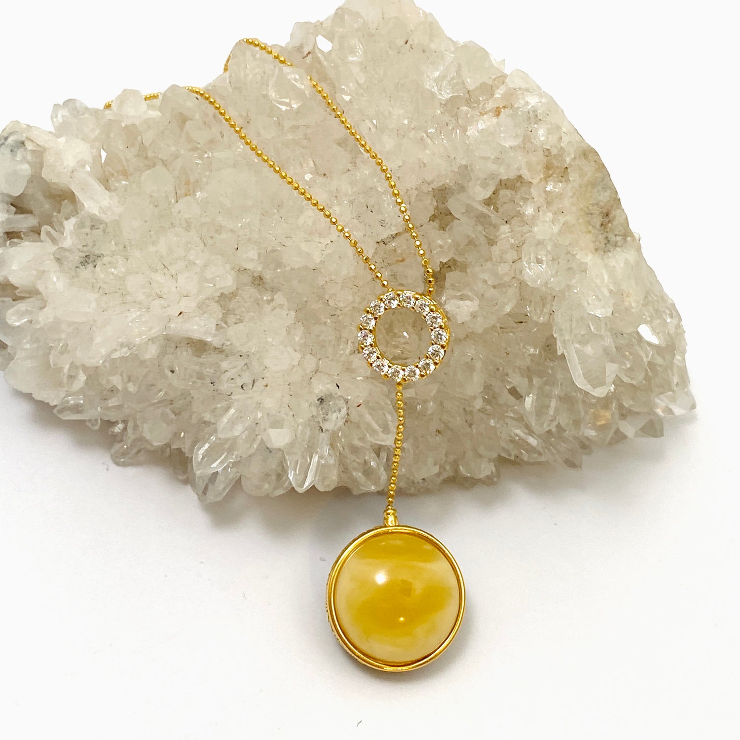 Baltic Amber Round Double Sided 18K Gold Plated Necklace with CZ accents AMB287