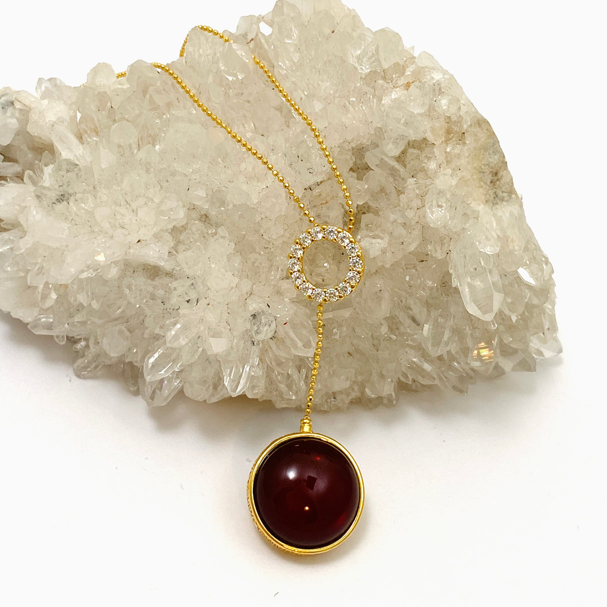 Baltic Amber Round Double Sided 18K Gold Plated Necklace with CZ accents AMB287