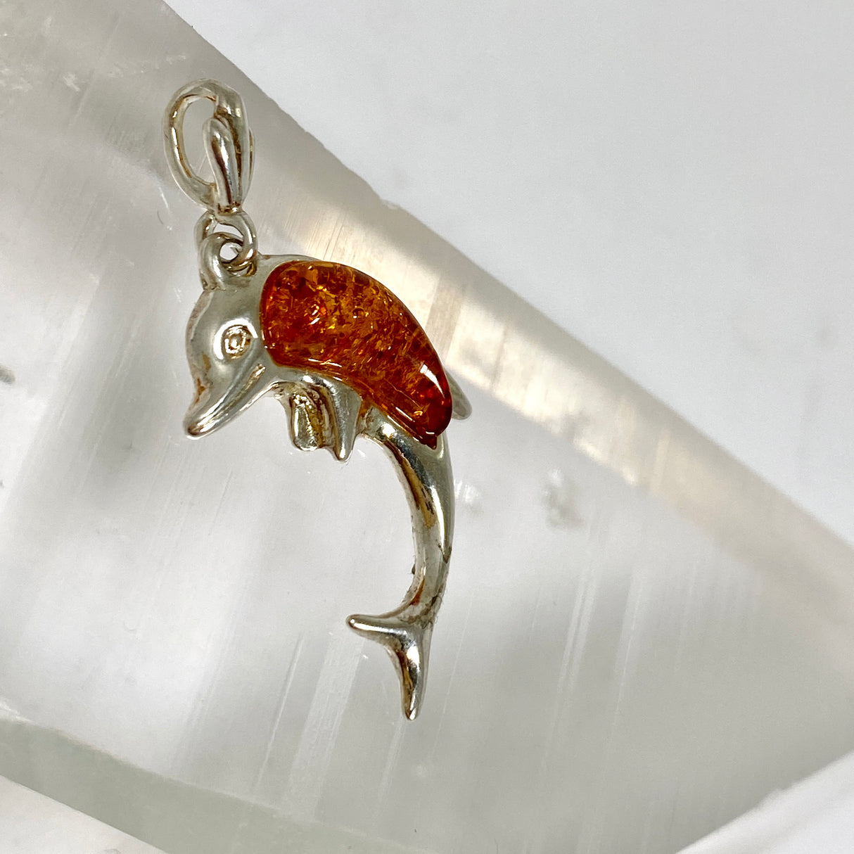 Baltic Cognac Amber Cabochon Dolphin Pendant AMB355