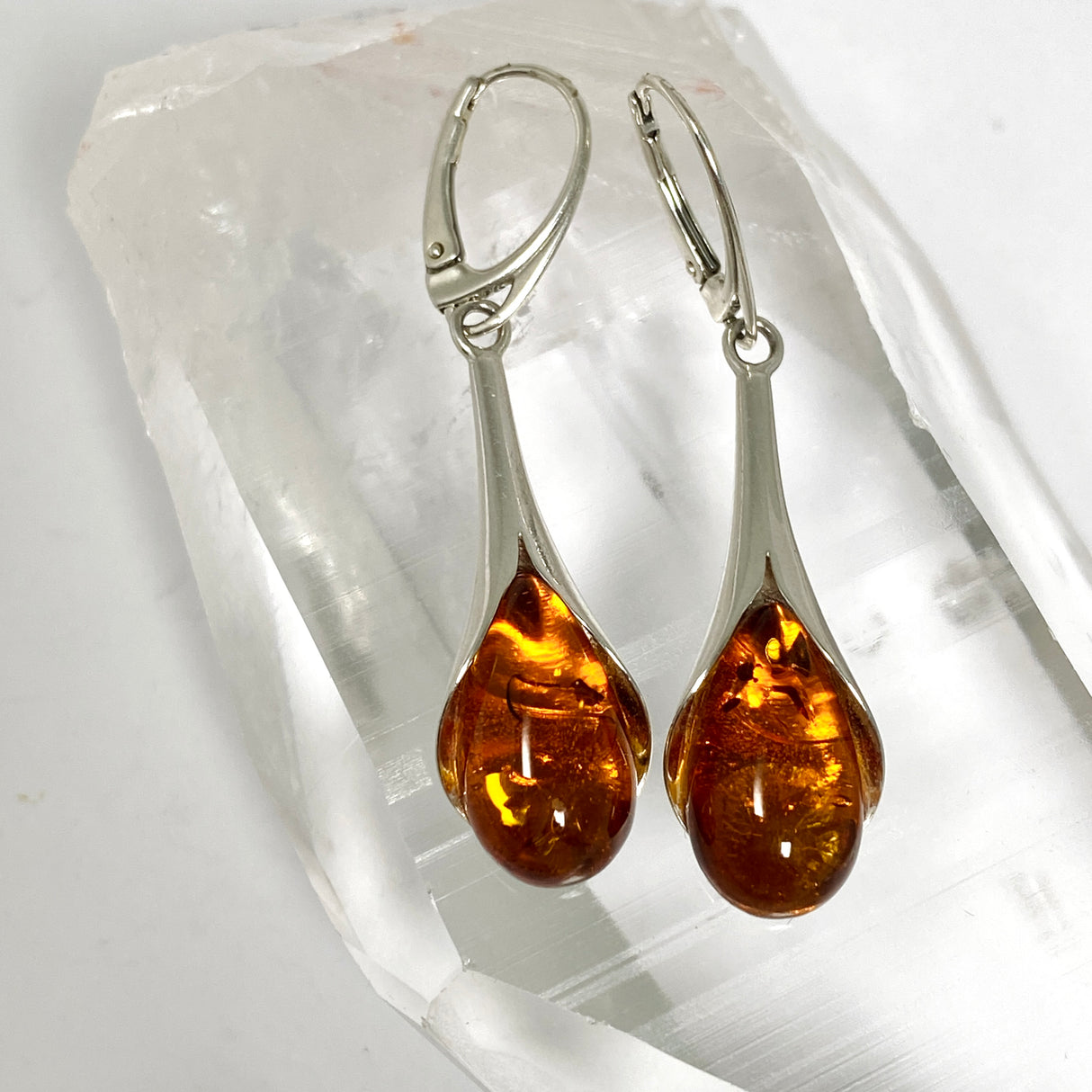Baltic Cognac Amber Teardrop Cabochon Drop Earrings AMB320