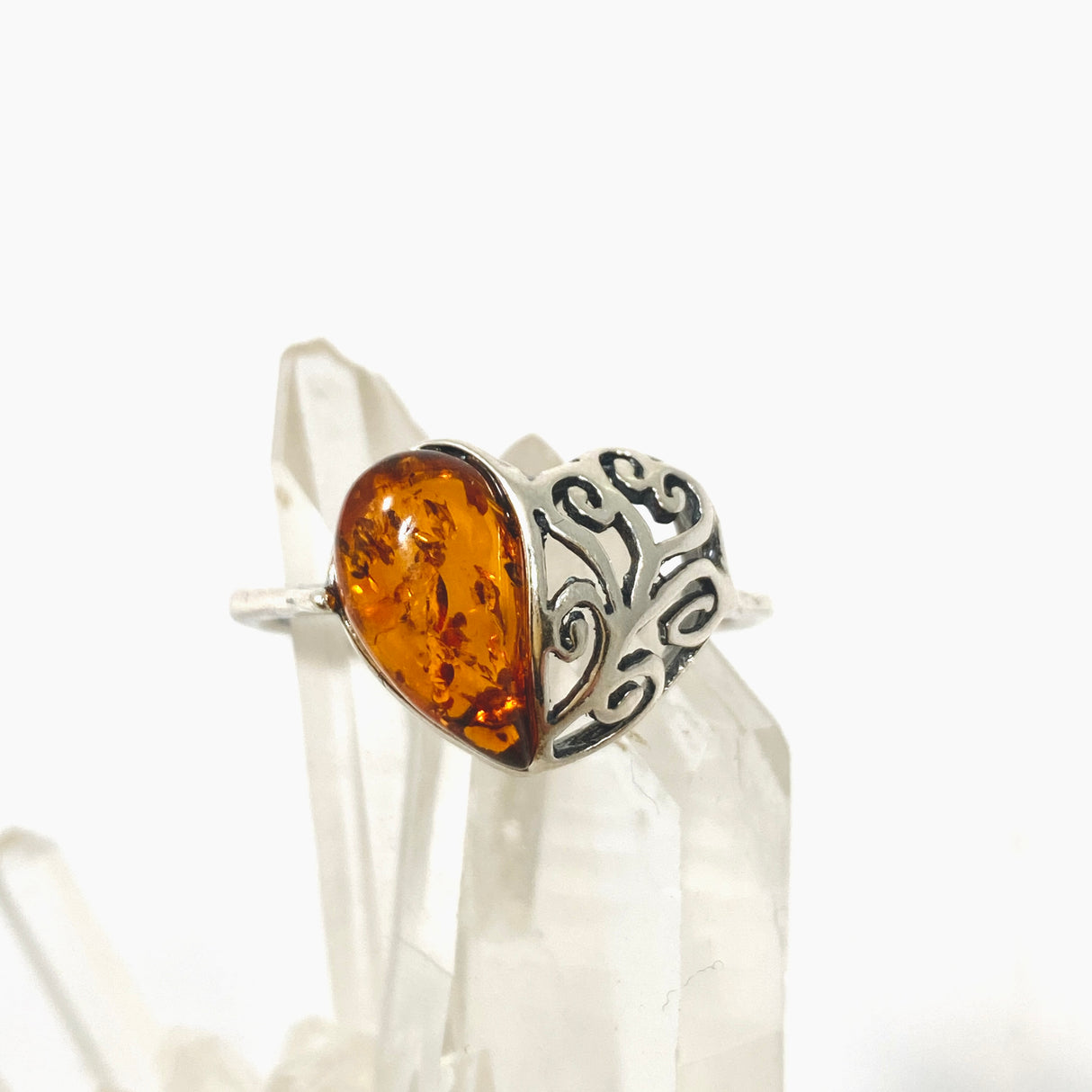 Baltic Cognac Amber Teardrop Cabochon Filigree Heart Ring Size 9.25 AMB325