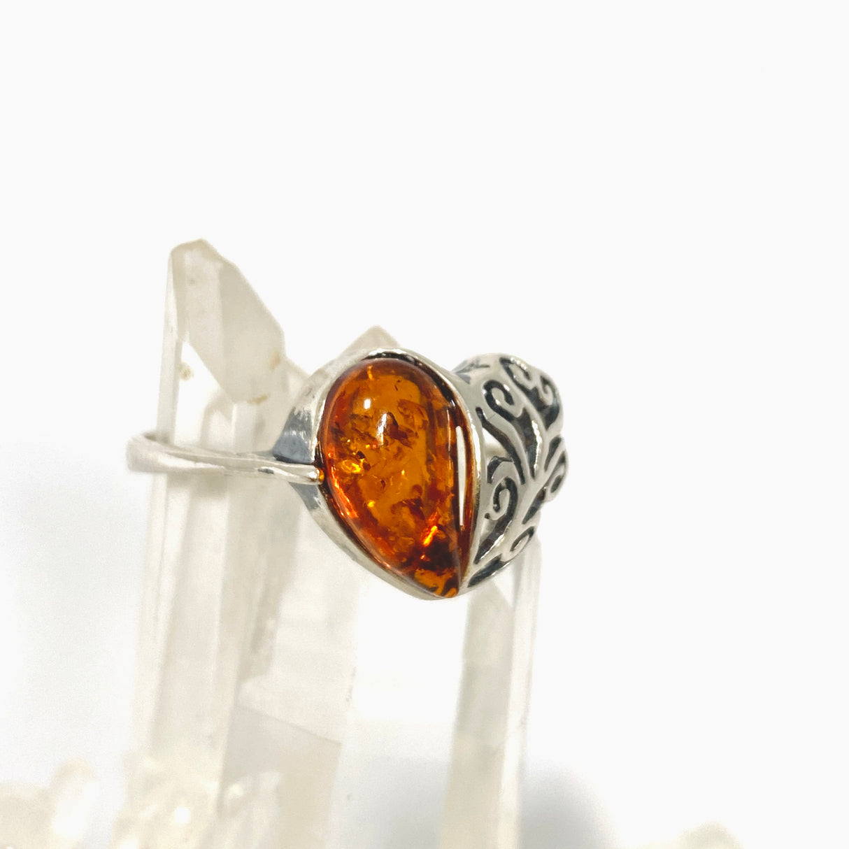 Baltic Cognac Amber Teardrop Cabochon Filigree Heart Ring Size 9.25 AMB325