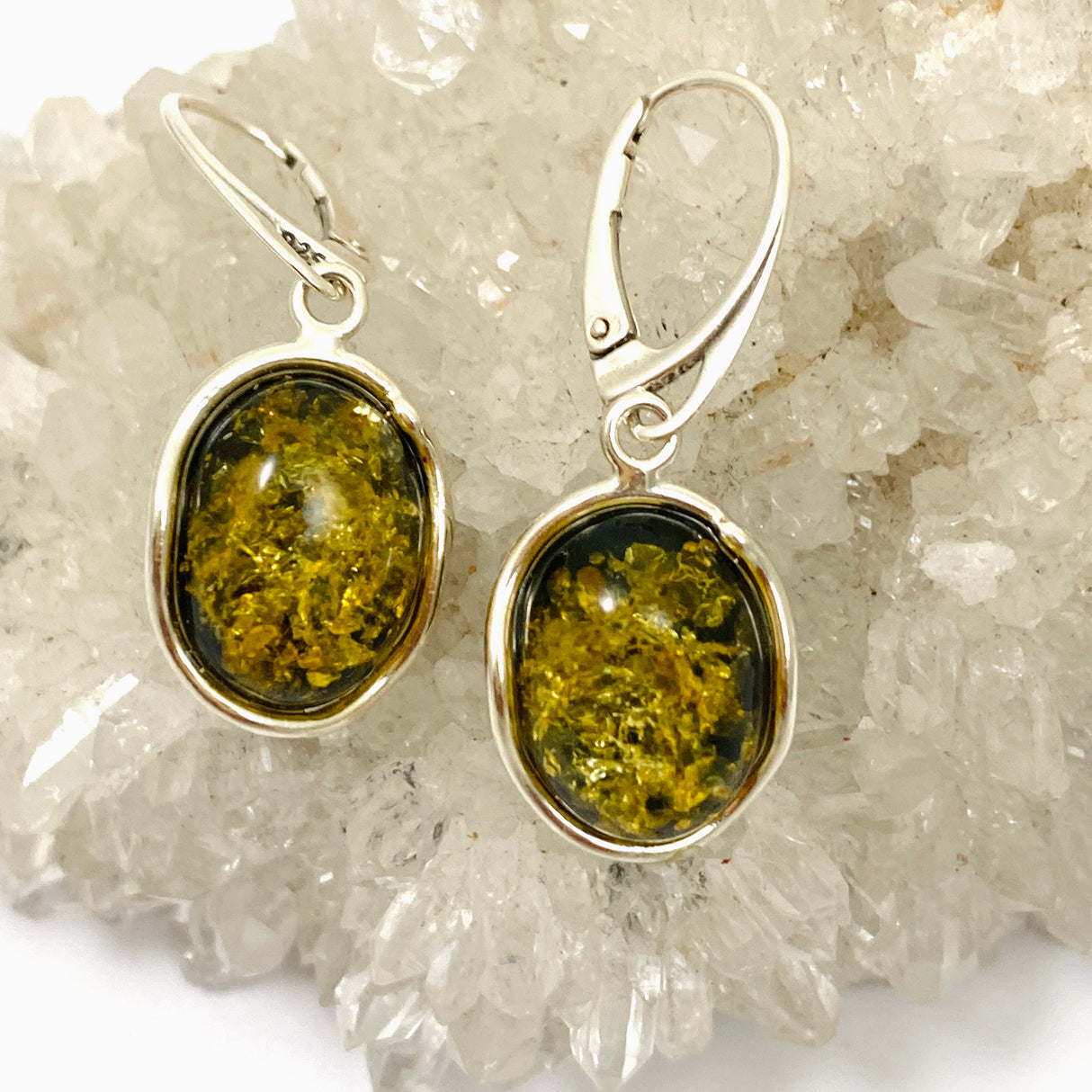 Baltic Green Amber Oval Cabochon Earrings AMB301
