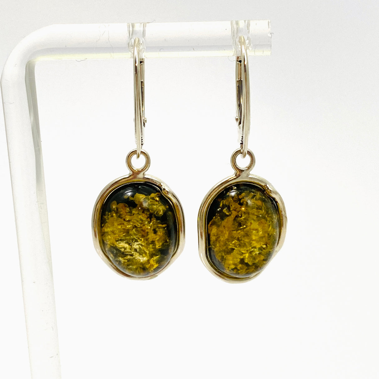 Baltic Green Amber Oval Cabochon Earrings AMB301