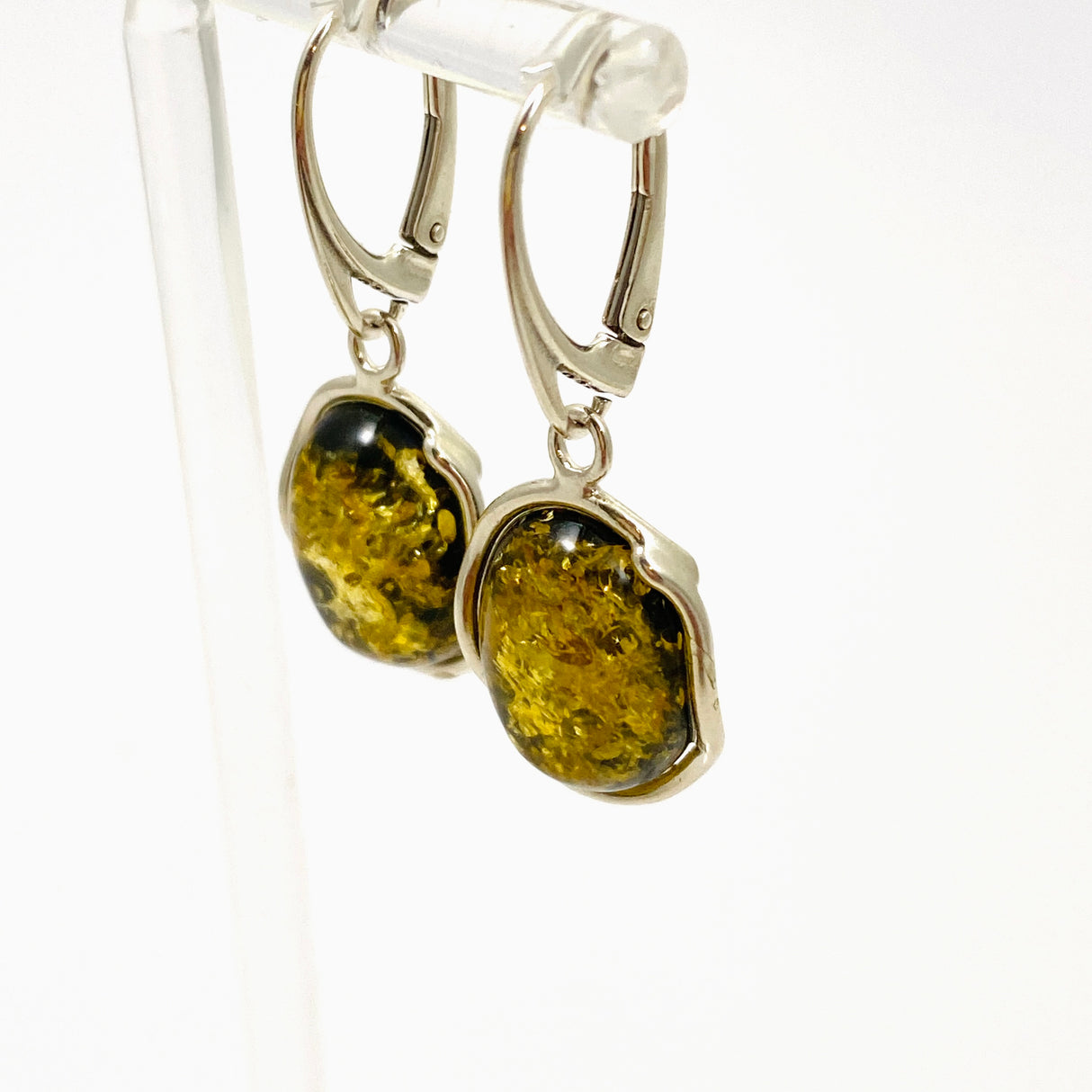 Baltic Green Amber Oval Cabochon Earrings AMB301