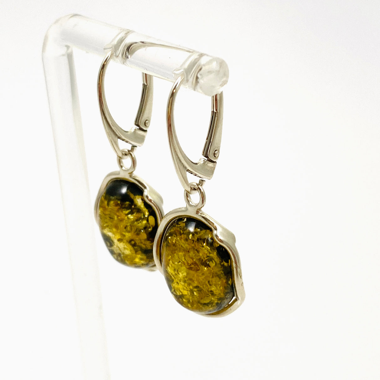 Baltic Green Amber Oval Cabochon Earrings AMB301