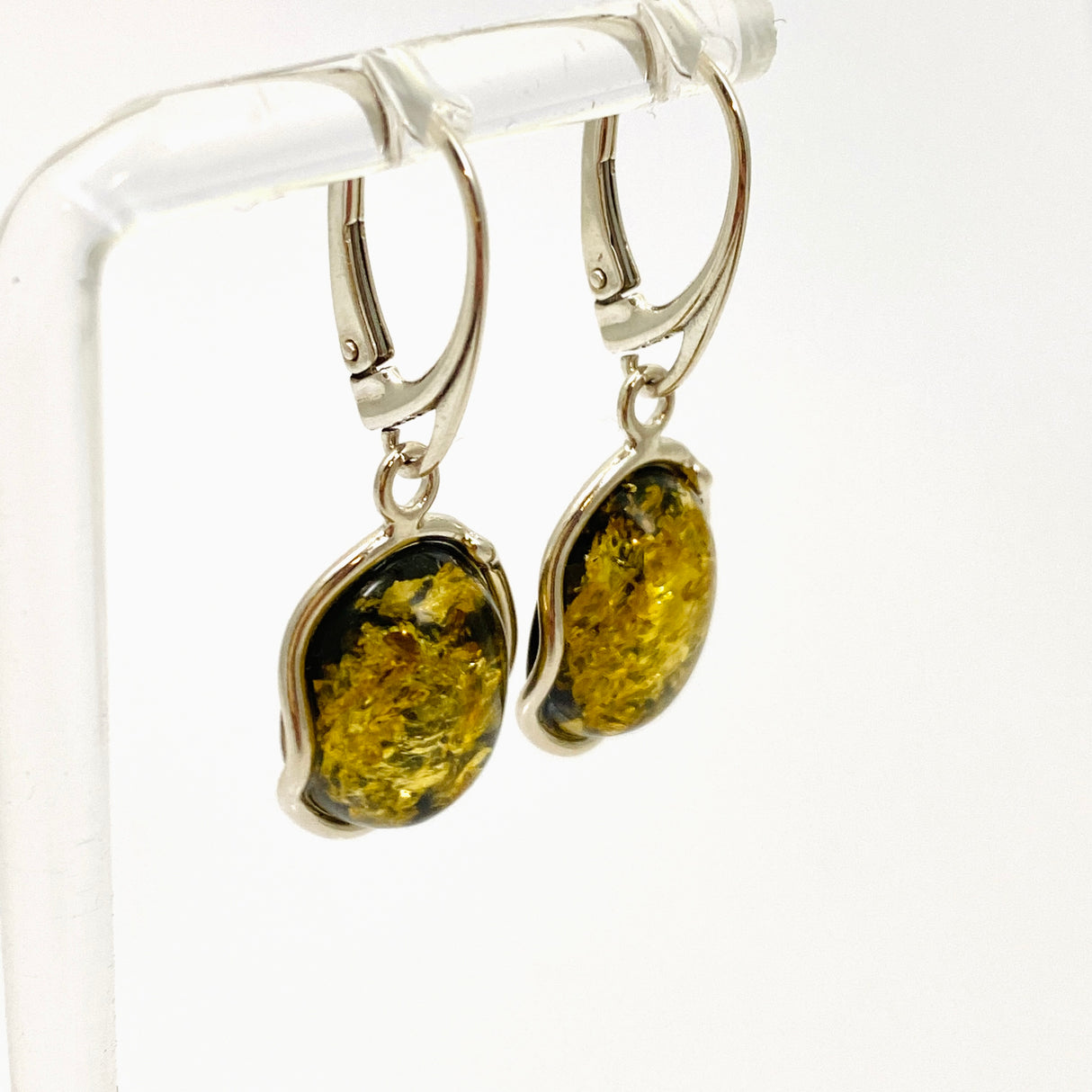 Baltic Green Amber Oval Cabochon Earrings AMB301