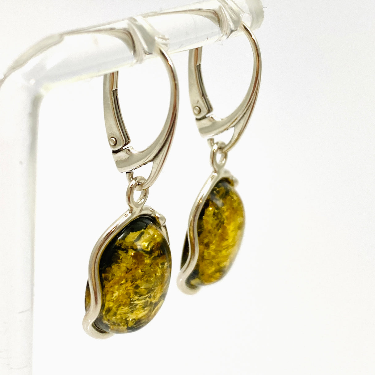 Baltic Green Amber Oval Cabochon Earrings AMB301
