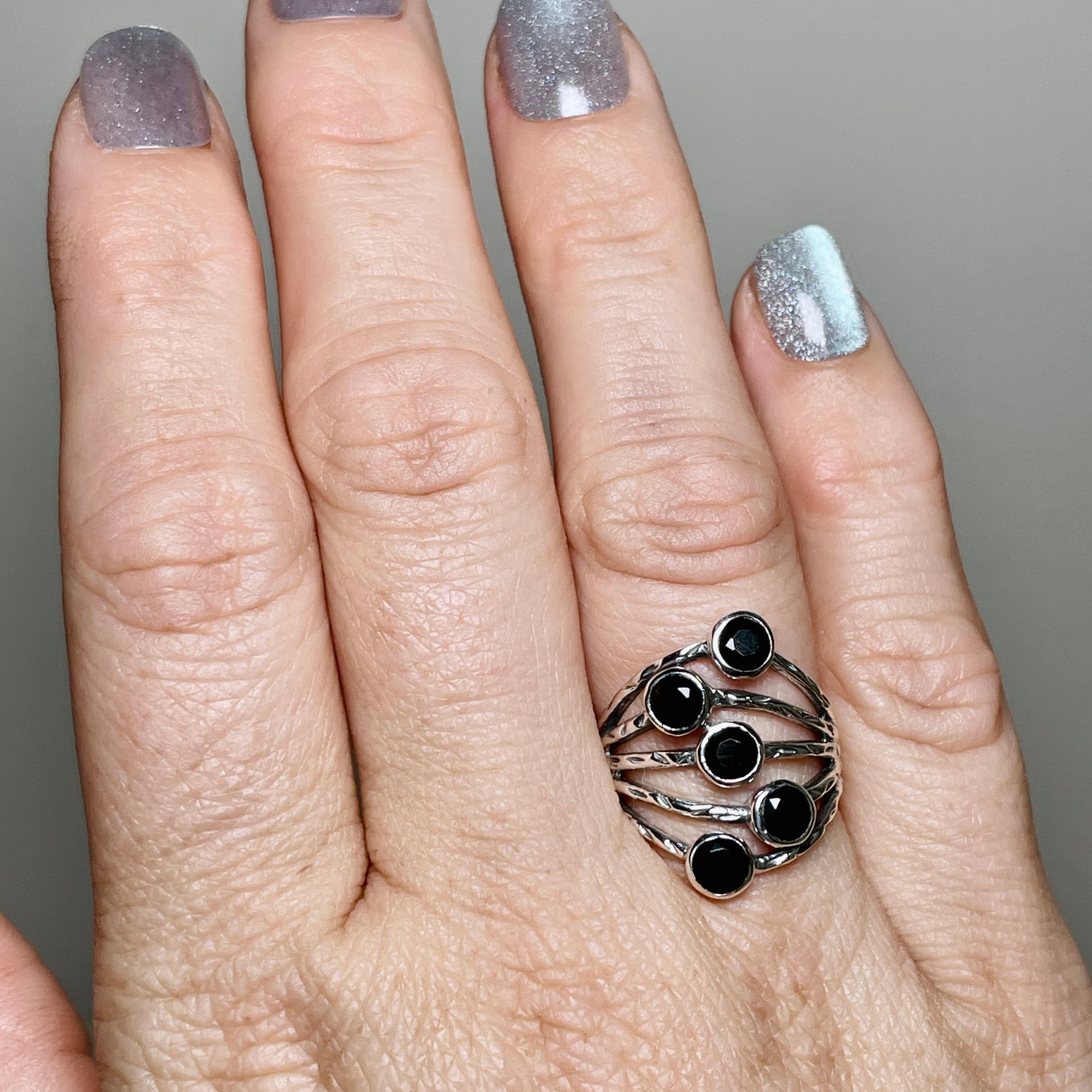 Black Onyx Multi-stone Faceted Gemstone Ring R3875