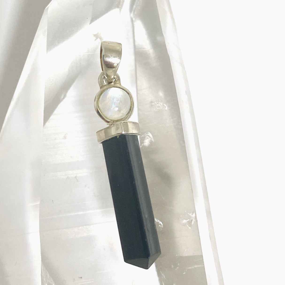 Black Tourmaline Point Pendant with Moonstone Accent Stone PPGJ1202