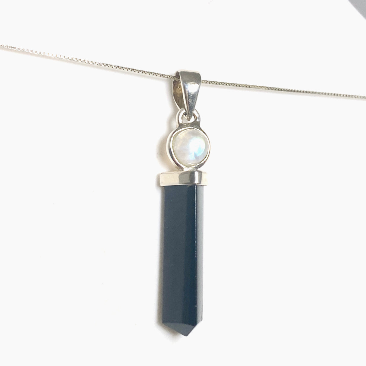 Black Tourmaline Point Pendant with Moonstone Accent Stone PPGJ1202